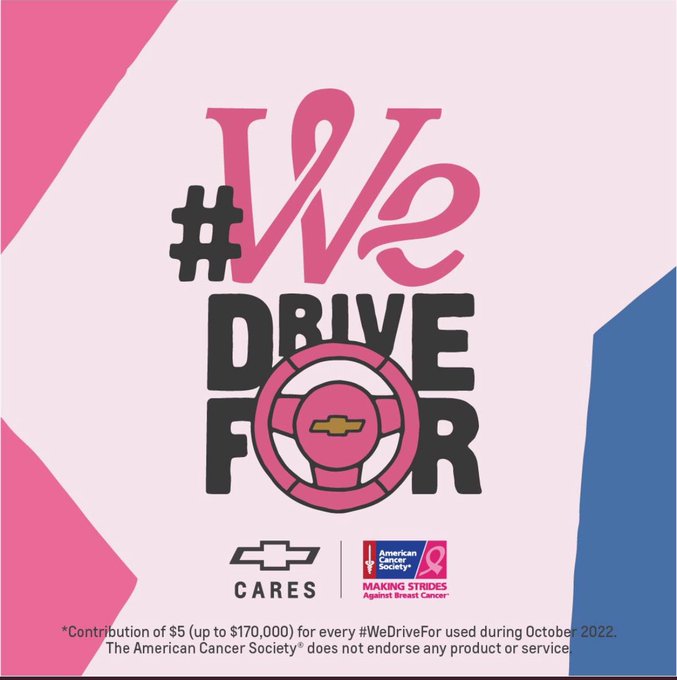 This #BreastCancerAwarenessMonth @chevrolet will contribute $5 to @AmericanCancer for every use of #WeDriveFor. Your RT of this tweet=$5 to ACS. Thanks to all who share!💗