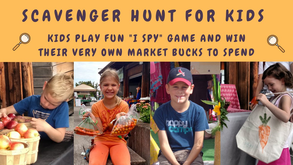 It's a Scavenger Hunt for Kids ages 10 and under! Be a farmers market detective in this fun "I Spy" game. All Kids win Market Bucks to Spend. Sat, Oct 22 9am-12pm <a href="/UCityFmsMkt/">U City Farmers Market</a>