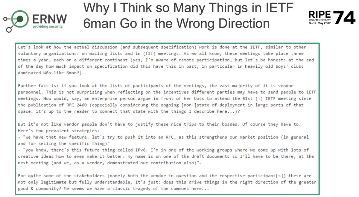 Enno_Insinuator's tweet photo. Some related opinion ;-)
src: #RIPE74 talk "Why IPv6 Security Is So Hard" https://t.co/S12uUApMZV [PDF] 
also: https://t.co/s59qQCAct1 https://t.co/KTKxHzEwnr