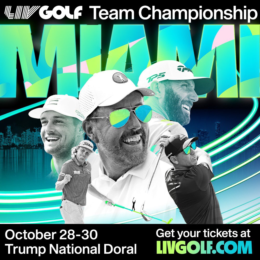 LIV Golf Team Championship is coming to Miami October 28-30. World-class golf, plus HUGE headline music acts, Nelly and @TheChainsmokers 🎶⛳️ Tickets selling fast and start from $49 Grab yours before they're gone 🎟➡️ bit.ly/3EVIhF9 #LIVGolf #LIVGolfMiami