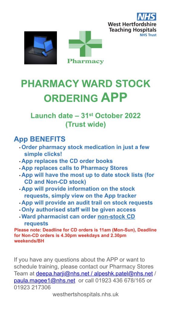 paulamagee44's tweet photo. @WHHTPharmacy We’ve had a great response so far for our new Pharmacy Ward Stock Ordering App! If you still need any training for your ward please get in touch. We go live in 11 days! Keep an eye out for our app champions on the wards. @WestHertsNHS https://t.co/5pKsZ1JLyd