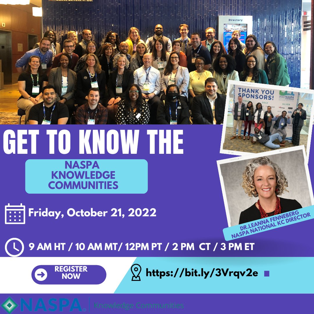Looking to get more involved/connected with NASPA? Get to know your NASPA Knowledge Communities tomorrow Fri 10/21 at 12p PT/3p ET https://bit.Iy/3Vrqv2e