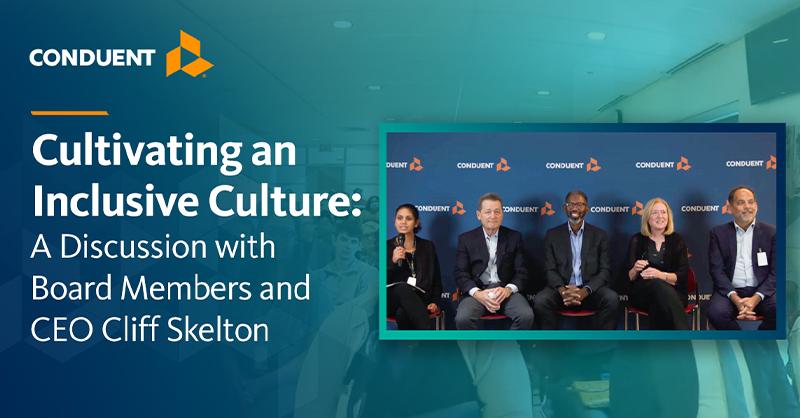 Conduent's tweet photo. Earlier this week, Remy Kaul moderated a virtual event with CEO Cliff Skelton, Global Head of DEI Walt Frye, and board members Kathy Higgins Victor and Scott Letier on embracing diversity, equity, and inclusivity and its important role in the future of work.