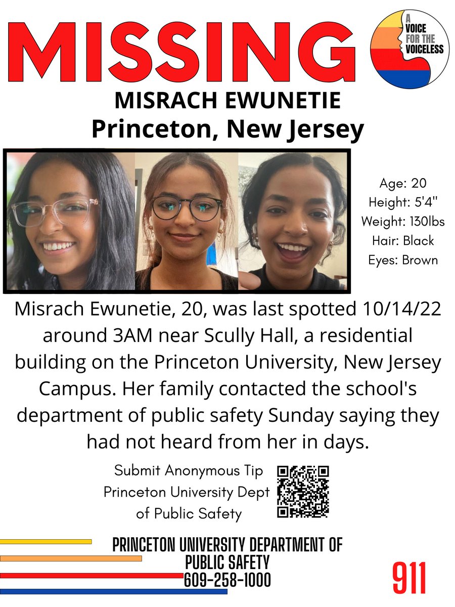 AwarenessTCS's tweet image. #Help #Share #MissingStudent

#MisrachEwunetie, 20, is still #Missing  from #ScullyHall  #PrincetonUniversity #NewJersey since 3am 10/14/22. Family is concerned for her safety. 

Princeton University Department of Public Safety
609-258-1000