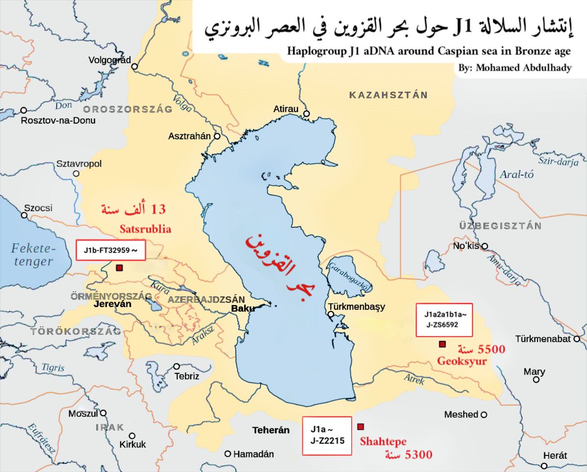 ☆ بعد النتائج الجديدة من السلالة J1 من إيران 

أصبح لدينا تمثيل ممتاز للسلالة في شعوب الرعاة والصيادين الذين كانوا يعيشوا قديما حول ضفاف بحر القزوين 

 بداية من هياكل جيوكسير في تركمنستان علي الفرع J1a2a-ZS6592 ثم هياكل شاه-تبه الإيرانية J1a-Z2215 ثم هياكل جورجيا علي J1b-FT32959