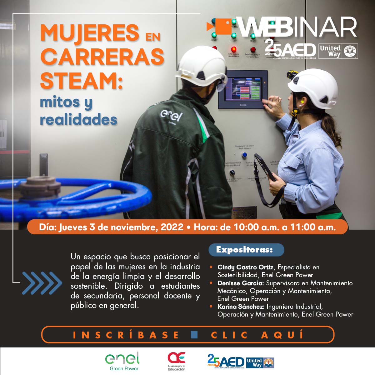 AED, la Alianza por la Educación y nuestra empresa asociada Enel Green Power le invitan a participar en el 

Webinar: Mujeres en Carreras STEAM: mitos y realidades 

Inscríbase sin costo: us02web.zoom.us/meeting/regist…