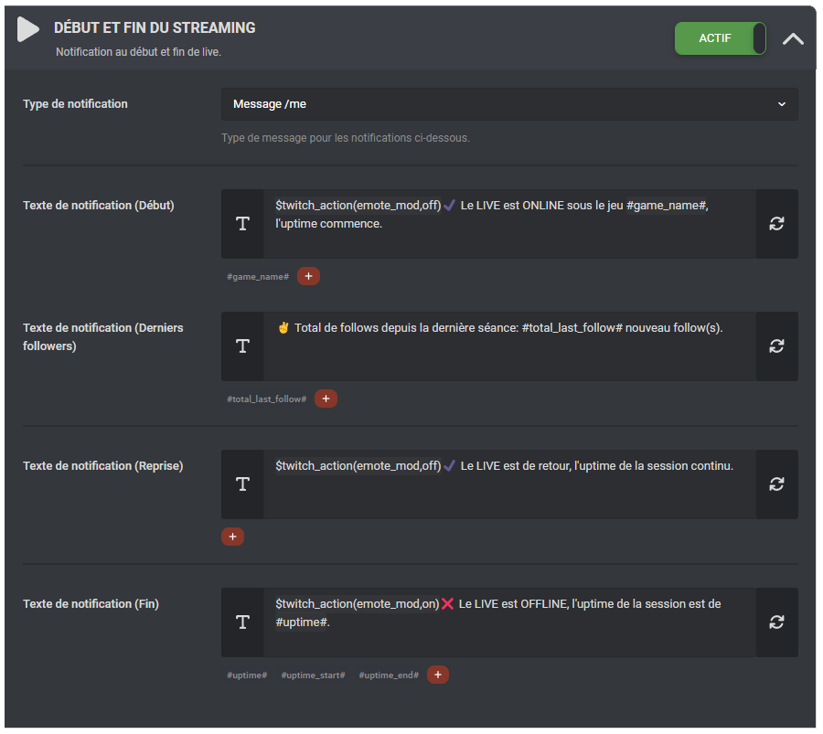 WizeBot's tweet photo. Il suffit simplement d'intégrer le TAG $twitch_action(emote_mod,on) dans le texte de la notification de fin de LIVE,

Mais aussi $twitch_action(emote_mod,off) dans la notification de début de LIVE.

https://t.co/If99S0Tsfw

🤖 #emoteonly #wizebot #fr https://t.co/9vKiLGb0YK