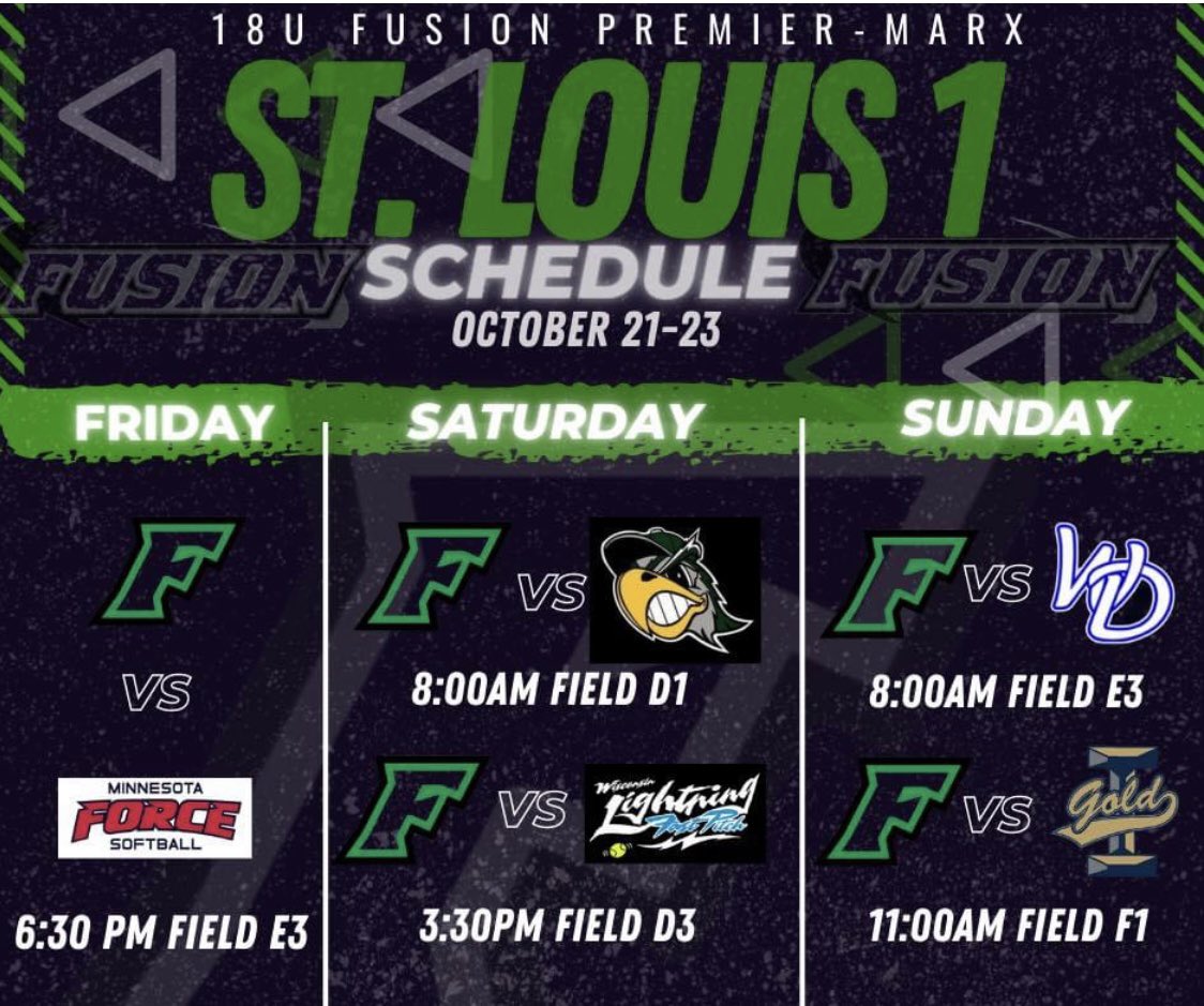 Ready to hit the field again this weekend! Come check us out in St. Louis!💚🖤 <a href="/FusionMarx/">Fusion 18U Premier - Marx</a> <a href="/UEAthletics_SB/">UE Softball</a> <a href="/Coachmun/">Mat Mundell</a> @Coach_JSeneca <a href="/MarianKnightsSB/">Marian Softball</a> @IUPUISoftball <a href="/IUPUICoachG/">Emily Gwaltney</a> <a href="/Beirne_10/">Elisabeth Beirne</a> <a href="/StFrancissftbal/">🥎SAINT FRANCIS SOFTBALL🥎</a> <a href="/FCGrizSoftball/">Franklin College Softball</a> @CoachAngieBain