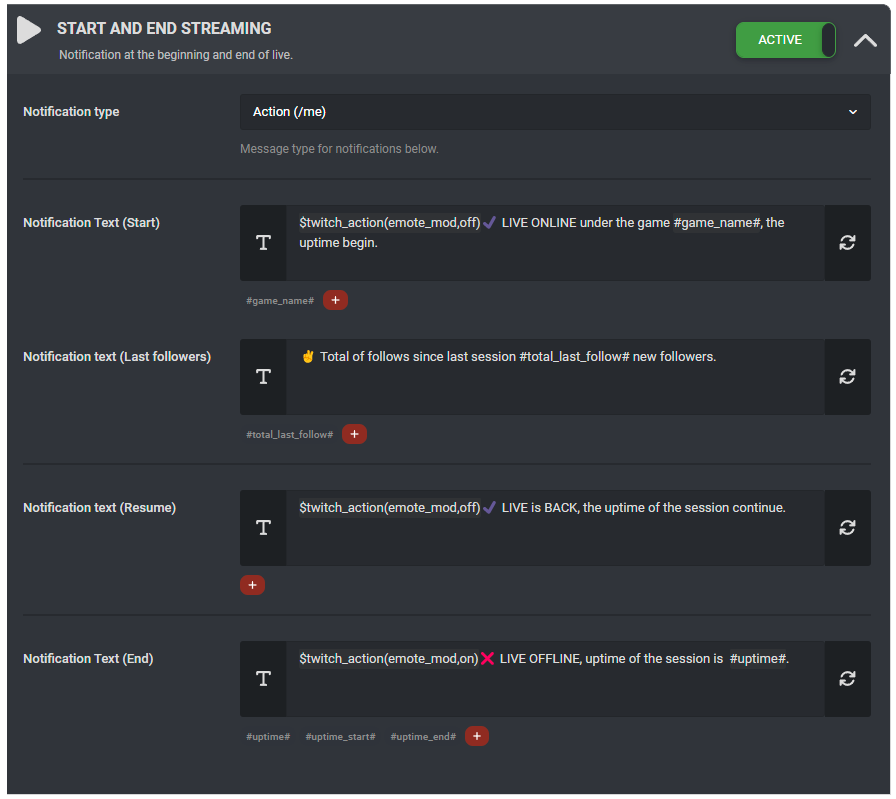 WizeBot's tweet photo. You just have to integrate the $twitch_action(emote_mod,on) TAG in the text of the LIVE end notification,

But also $twitch_action(emote_mod,off) in the text of the LIVE start notification.

https://t.co/If99S1avhw

🤖 #emoteonly #wizebot #en https://t.co/qgWGT7bNKm