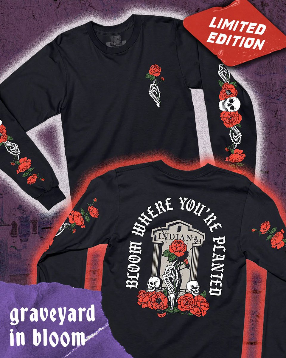 Our latest addition to our Bloom Where You’re Planted design series 🌹 A ghastly addition, this long sleeve addition features limited run skull and roses on both sleeves. Grab yours before they sell out one last time - bit.ly/3Ezxn7Q