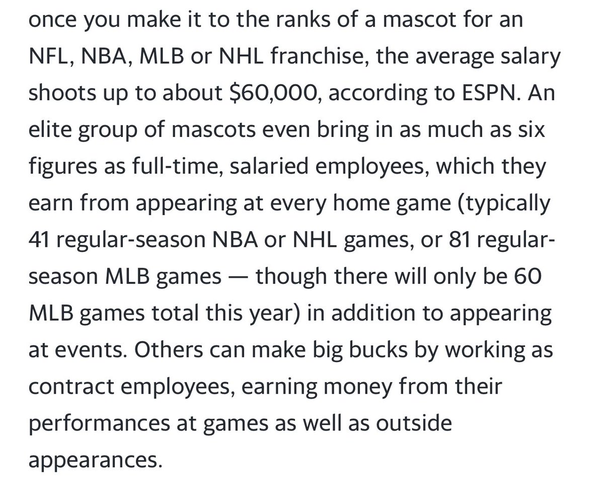 I don't expect the average US teacher ($58,260) to make as much as the average pro athlete (NBA: $8.3 million, MLB: $4 million, NFL: $3.2 million, NHL: $2.6 million), but I would expect to make more than the average NBA, MLB, NFL and NHL MASCOT ($60k).