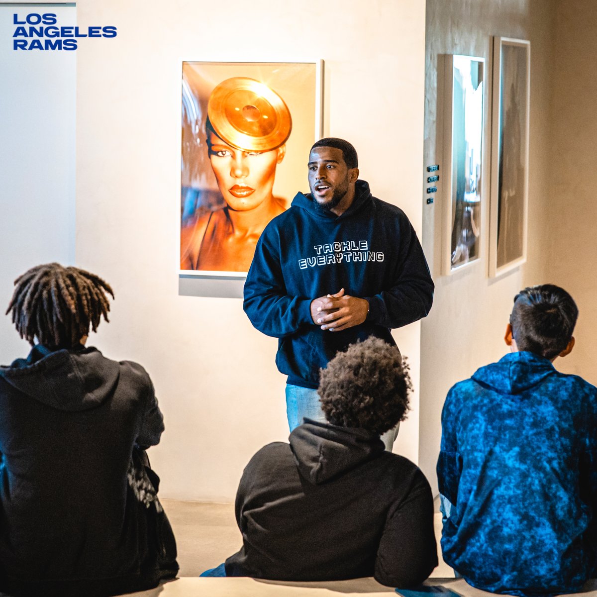 RamsNFL's tweet photo. "My hope is that you get sparked and inspired."

@Bwagz hosted LA students at Roc Nation, a panel with Google + more during his Tackle Everything Tech Tour.