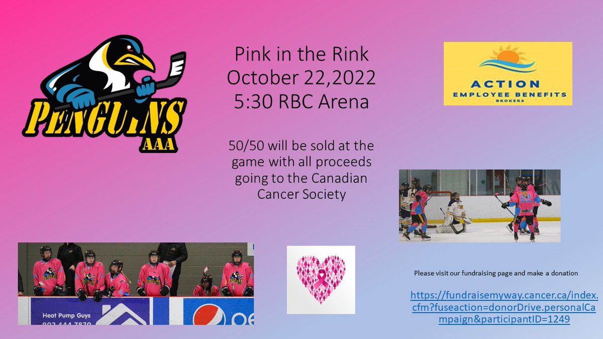 U18 Major Action Benefits Penguins is hosting their PINK AT THE RINK game Saturday, 5:30 to 7:30 pm at RBC-C. $5 admission, kids free and 50/50 proceeds go to the Canadian Cancer Society