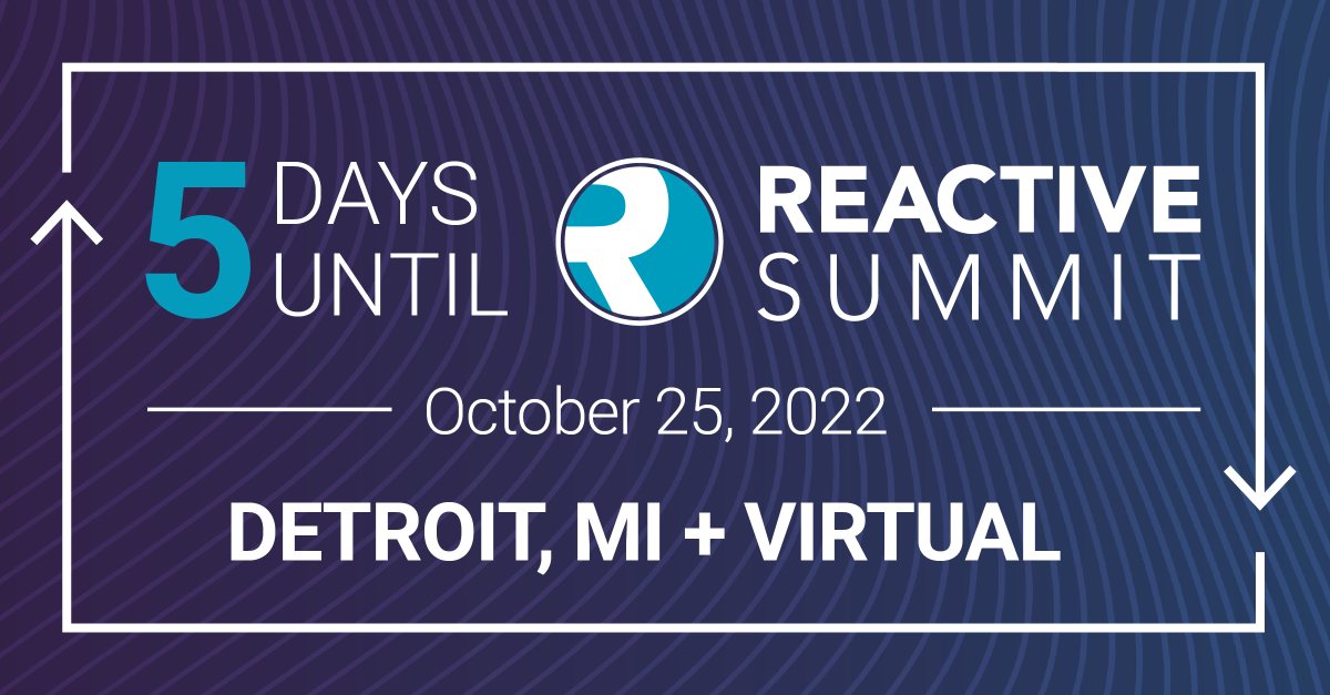 5 DAYS TO GO! Reactive Summit is NEXT WEEK, October 25! Check out the schedule now, including: “WebAssembly for a Reactive Internet of Things”, presented by Colin Breck of Tesla hubs.la/Q01qh10K0 Register here to join us: hubs.la/Q01qh2mQ0 #ReactiveSummit #iot