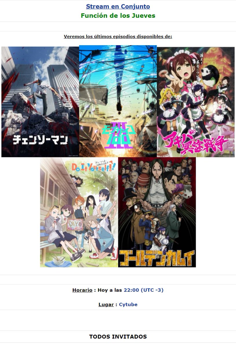 LaFedeMAL's tweet photo. No te pierdas la Emisión en Conjunto de los jueves por #LaFedeEnCytube esta vez con los últimos episodios de  
#chainsawman
#mobpsycho100 #akibamaidwar #DoItYourselfどぅーいっとゆあせるふ y #goldenkamuy

En 1h por: https://t.co/Eer8oigFWk

Más info: https://t.co/uy09aqa0ws https://t.co/V4Tybiwyjd