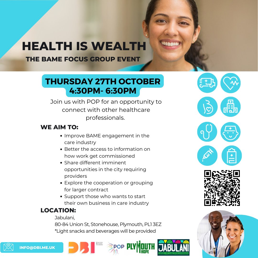 Join us for another opportunity to connect with like-minded healthcare professionals at our BAME Health Is Wealth Focus Group event in collaboration with @PlymouthOctopus Sign up via Eventbrite: eventbrite.co.uk/e/417913178567