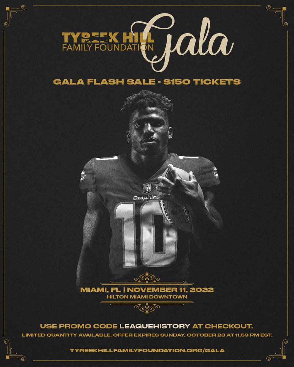 ❗ FLASH SALE ALERT ❗ Now through Sun. you can purchase tickets for $150 each! Use code LeagueHistory when checking out at tyreekhillfamilyfoundation.org/gala Come out to the Hilton Miami Downtown on Nov. 11 to support a great cause and hang with @cheetah! @FrancesSuarez | @HiltonMiami