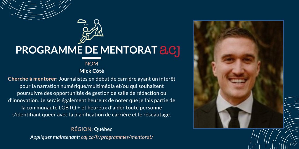 Mick Côté est un journaliste bilingue. Il travaille dans le domaine depuis 15 ans et se spécialise dans le reportage multimédia et numérique. Postulez pour travailler avec Mick avant le 1er novembre : caj.ca/fr/programmes/…