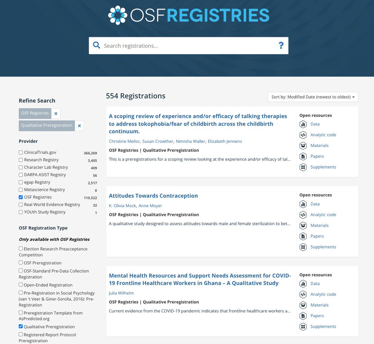 The qualitative preregistration template on OSF has been used more than 550 times. Three cheers for Tamarinde Haven and her collaborators for the delphi study that produced the template and to the researchers that are exploring its value for qual work. osf.io/registries/dis…
