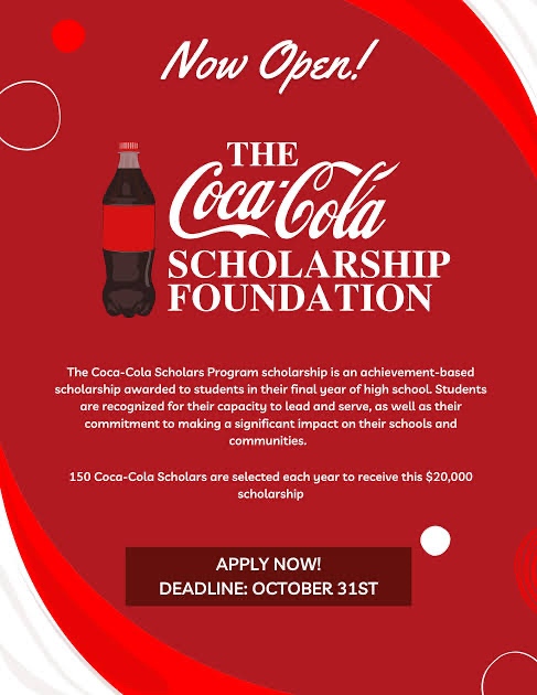 Each year, the the Coca-Cola Scholars Program Scholarship awards $20,000 to 150 lucky graduating high school seniors who plan on enrolling in a U.S. postsecondary institution. 

Deadline : October 31st 

Click on the link to apply: 
webportalapp.com/sp/login/ccsf

#scholarship