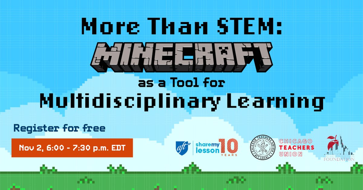 🎮Let's play <a href="/Minecraft/">Minecraft</a>!!! Use this super popular game to build #STEM skills, creativity, spatial awareness, problem solving, social emotional skills &amp; much more

💻REGISTER now! sharemylesson.com/webinars/more-…

#Minecraft <a href="/sidarous/">Mark Sidarous</a> <a href="/AFTunion/">AFT</a> <a href="/AFTteach/">AFT TEACH</a> <a href="/CTULocal1/">Chicago Teachers Union</a> <a href="/ekopilow/">Emily</a> <a href="/CTUFoundation/">CTU Foundation</a>