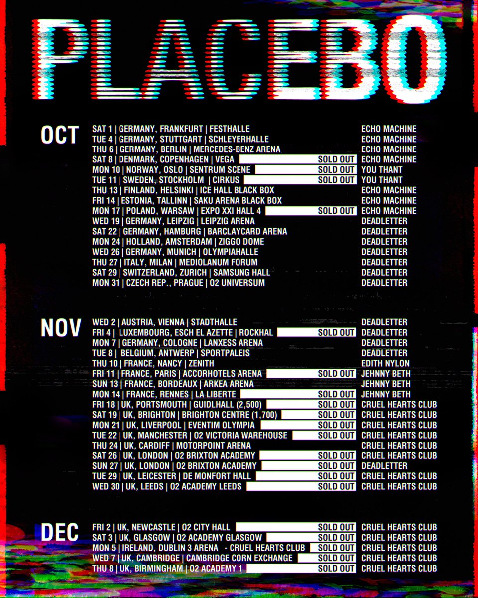 2022 UK & EUROPEAN TOUR. With support from @echomach, You Thant, Edith Nylon, @_DEADLETTER, @jehnbeth & @cruelheartsclub. Final tickets available here: placeboworld.co.uk/tour