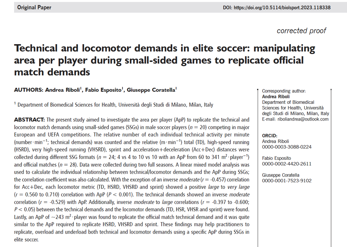 Technical and locomotor demands in elite #soccer player: manipulating area per player (ApP) during #SSG to replicate official match demands 🏟️⚽️ 

👉240 to 290 m2/player = a good compromise to replicate both technical and locomotor match demands 😎 

👉researchgate.net/publication/36…