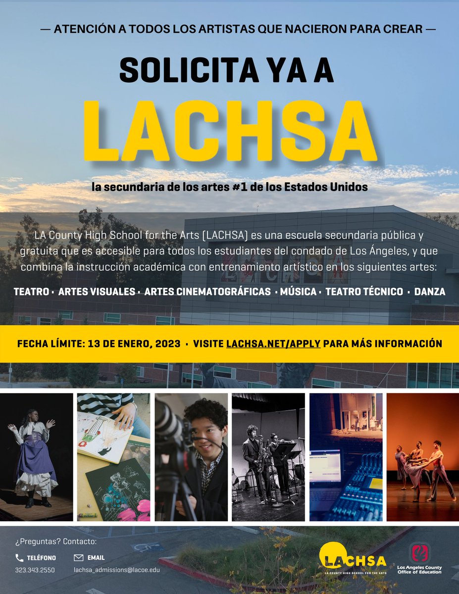 ‼️ Applications for the 23-24 school year are OPEN ‼️

LACHSA has (6) amazing departments to choose from:

🎥 Cinematic Arts
🩰 Dance
🎶 Music
🎭 Theatre &amp; Technical Theatre
🎨 Visual Arts

Check out our lachsa.net/apply for the application &amp; requirements! 💻📝🙌