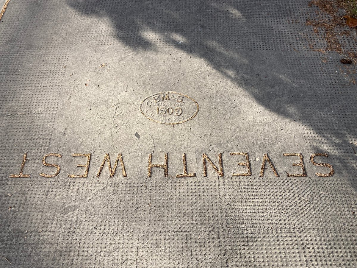 AlanZakrison's tweet photo. A 1909 #sidewalkstamp on Royal Ave in lower #MountRoyalYYC, kissed by the warm October sun.
The contractors were BM&amp;S- Batchelor, Marshall and Skarin.
Bob Marshall became #YYC mayor in 1919, and an MLA for 5 years after that, before moving to #YEG with Crown Paving. https://t.co/OrA8lxWSa8
