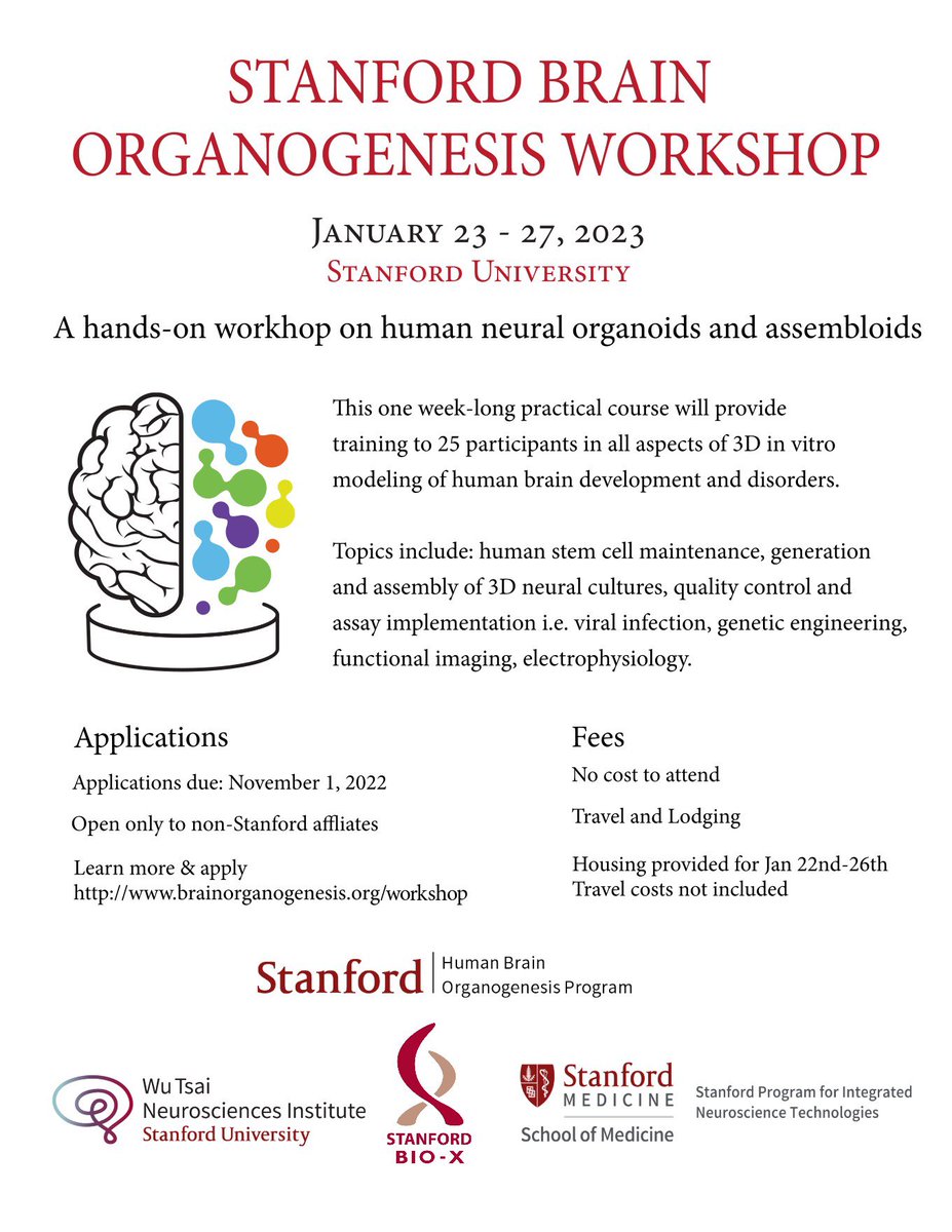 Sergiu P. Pasca (@sergiu_p_pasca) on Twitter photo Deadline approaching for the <a href="/BrOrganogenesis/">Stanford Brain Organogenesis Center</a> course on human neural #organoids #assembloids <a href="/StanfordBrain/">Wu Tsai Neurosciences Institute</a>
Please share with those who would benefit from hands-on experience here on the <a href="/Stanford/">Stanford University</a> campus
The course is free!
šbrainorganogenesis.org/workshop.html Deadline approaching for the <a href="/BrOrganogenesis/">Stanford Brain Organogenesis Center</a> course on human neural #organoids #assembloids <a href="/StanfordBrain/">Wu Tsai Neurosciences Institute</a>
Please share with those who would benefit from hands-on experience here on the <a href="/Stanford/">Stanford University</a> campus
The course is free!
šbrainorganogenesis.org/workshop.html