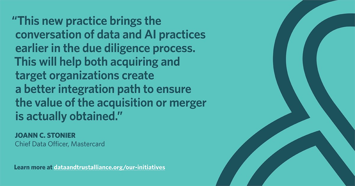 theDTAlliance's tweet photo. Businesses are investing at record rates in AI M&A deals, yet traditional due diligence falls short in assessing all the risks leading to AI failures. Responsible Data & AI Diligence is a practical solution from the Data & Trust Alliance #DataTrustAlliance #ResponsibleAi https://t.co/uayD8Sr4cX