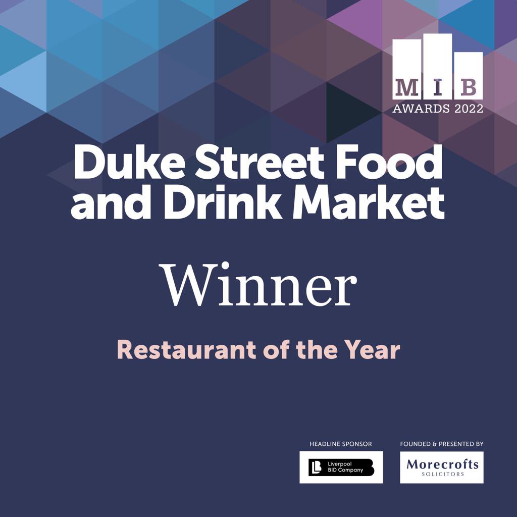 MIBAwards's tweet photo. Huge congratulations to the team at Duke Street Food &amp; Drink Market – the winner of this year’s #MIB22 award for Restaurant of the Year.
@dukestreetmarket https://t.co/sH2b6tAM1Z