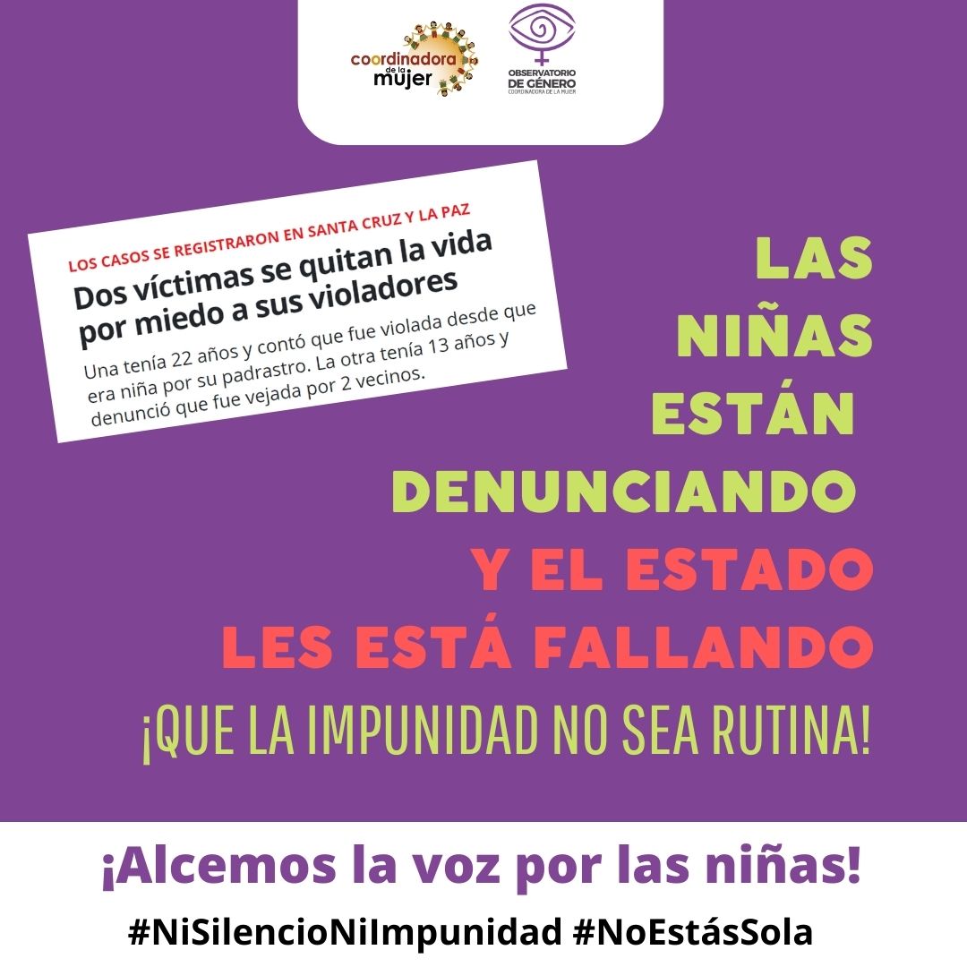CoordinadoraBO's tweet photo. La violencia sexual contra las niñas es una de las expresiones más crueles de la violencia. No sólo impacta en el cuerpo de las víctimas, sino que afecta también su relación con el mundo y la vida misma.
📢📢¡Alcemos la voz por las niñas!
#NoEstásSola https://t.co/dNEbl2kuRy