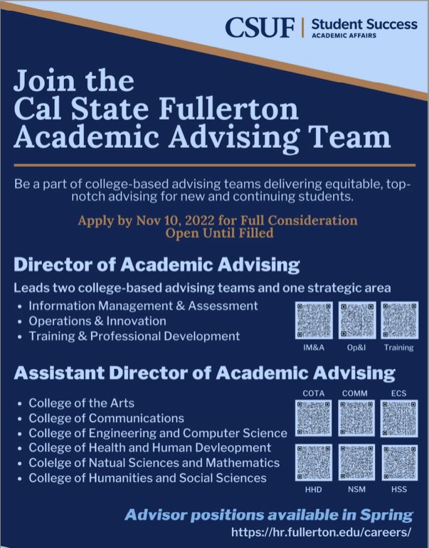 Cal State Fullerton is also hiring several folks as part of the academic advising team. @csufacadaffairs The link to all position descriptions is careers.pageuppeople.com/873/fl/en-us/f…