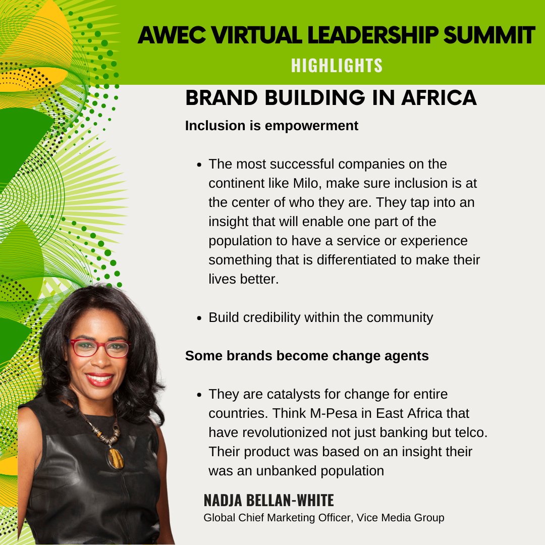 WeAreAWEC's tweet photo. Nadja Bellan-White (she/her/ella), Global Chief Marketing Officer, VICE Media Group, led the 2nd part of the Masterclass on ‘Establishing a Brand Identity’. 

We’re excited to share some highlights from the session ✍🏾

#awecsummit #TellingMyStory https://t.co/ELw46lbXcY