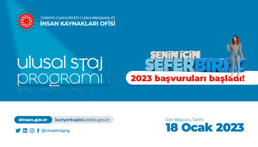 Gençlerimizi kamu kurumları ve gönüllü özel sektör kuruluşları ile buluşturan #UlusalStajProgramı2023 başvuruları başladı!#SeninİçinSeferbiriz <a href="/tccbiko/">T.C. Cumhurbaşkanlığı İnsan Kaynakları Ofisi</a> @einsan_tccbiko <a href="/ulusalstajprg/">Ulusal Staj Programı</a>
Son Başvuru Tarihi:18 Ocak 2023
Başvuru için: kariyerkapisi.cbiko.gov.tr ve einsan.gov.tr