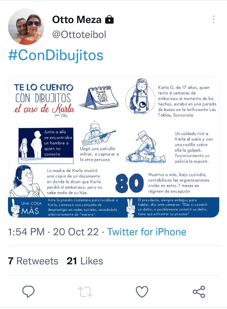 ManuelaArce66's tweet photo. @DiasporResistSV Gracias Otto, @Ottoteibol por este dibujo.
#LiberenaKarla
#DondeEstaKarla
#AlertaKarla
@UNICEFUSA
@hrw
@EUparliament
@AFP
@Reuters
@dwnews
@Declaracion
@RFI
Karla fue secuestrada por soldados del regimen de Bukele.
Los golpes que recibio le provocaron un aborto. https://t.co/0nbNjJtdZe