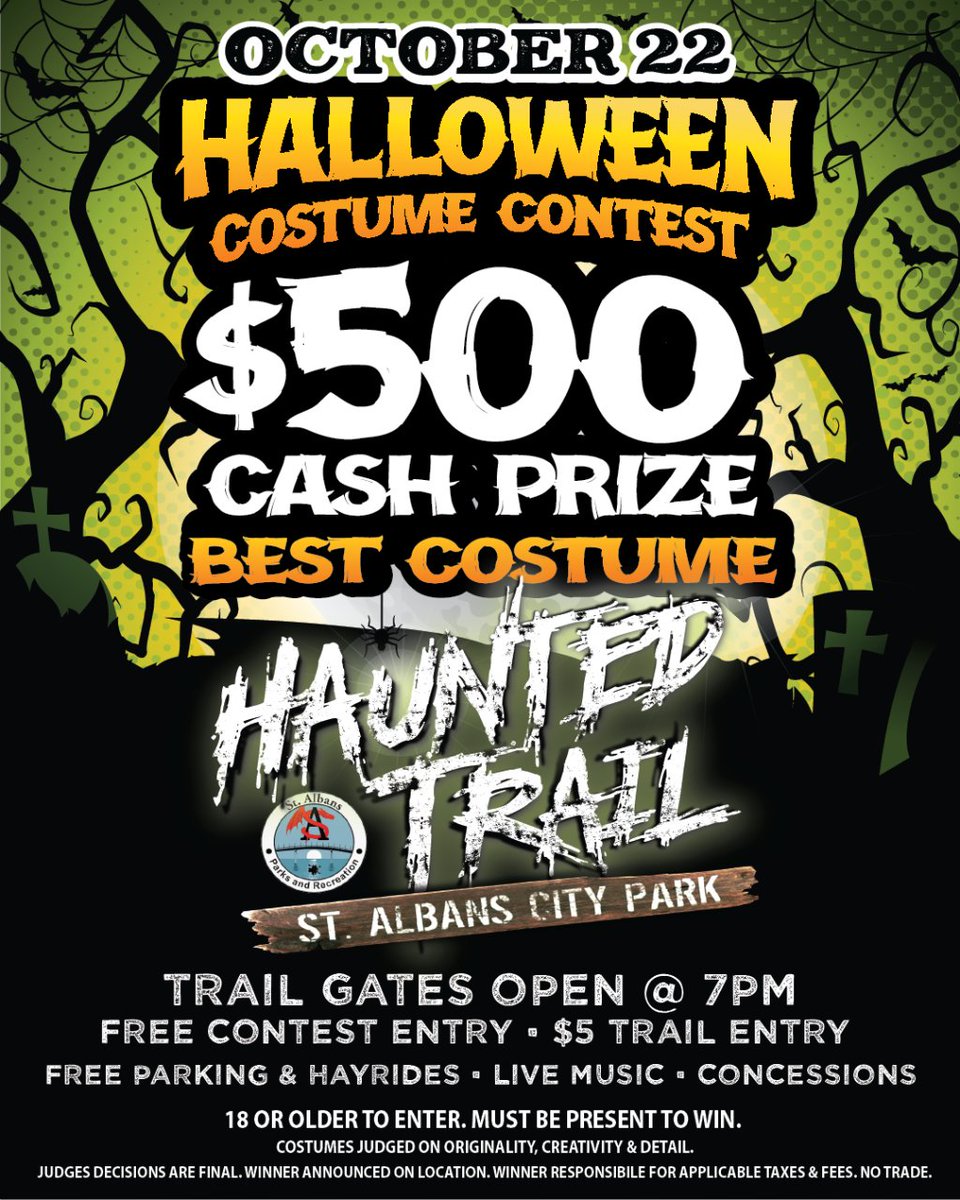 🚨😮BIG NEWS!!! 
Get Your Best Costumes ready for a chance to win $500 Cash in the St. Albans Haunted Trail Costume Contest at St. Albans City Park on October 22nd.  

👇Full Event Details 👇
my.mtr.cool/hgycmfinpa

#LocalNews #localevents #halloween #stalbanswv #westvirginia