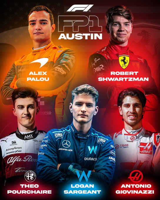 A graphic displaying the five drivers who will be taking part in first practice for the first time this season. In the top row, we have Alex Palou of McLaren shrouded in an orange glow, with Robert Shwartzman of Ferrari surrounded by a red glow. The bottom row features Alfa Romeo's Theo Pourchaire, Logan Sargeant of Williams, and Haas reserve Antonio Giovinazzi, each outlined by dark red, blue, and light red glows respectively. Each driver is also shown with the logo of the team for whom they will drive.