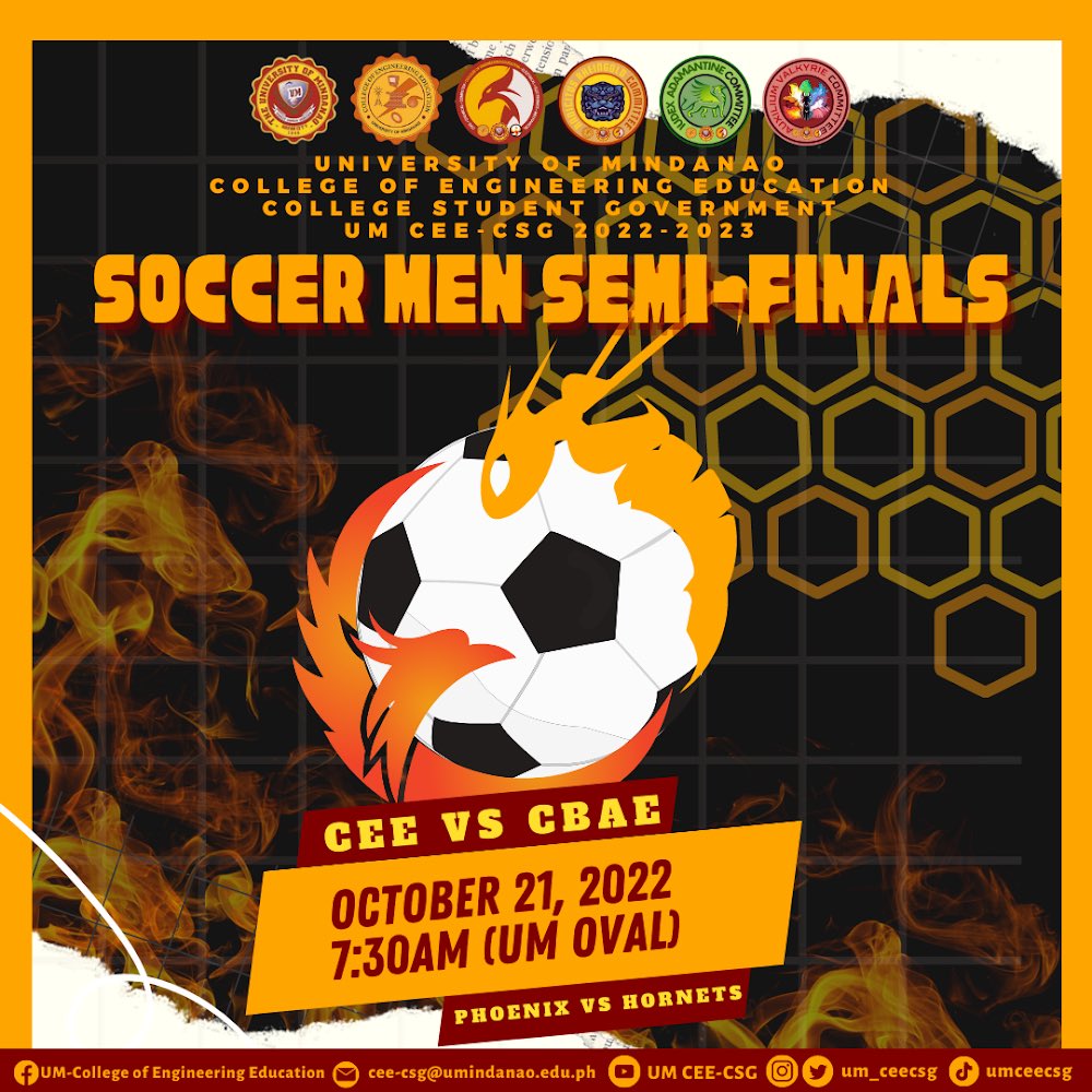 um_ceecsg's tweet photo. Calling all Phoenixes out there! We need your support and shouts for today's 2 sets of Semi-Finals.

📍SOCCER (Men) - Semi-Finals
October 21, 2022
7:30AM
UM Oval Field

📍VOLLEYBALL (Men) - Semi-Finals
October 21, 2022
UM Gymnasium

#UMIntramurals2022
#semifinals https://t.co/JGonKD1yCi
