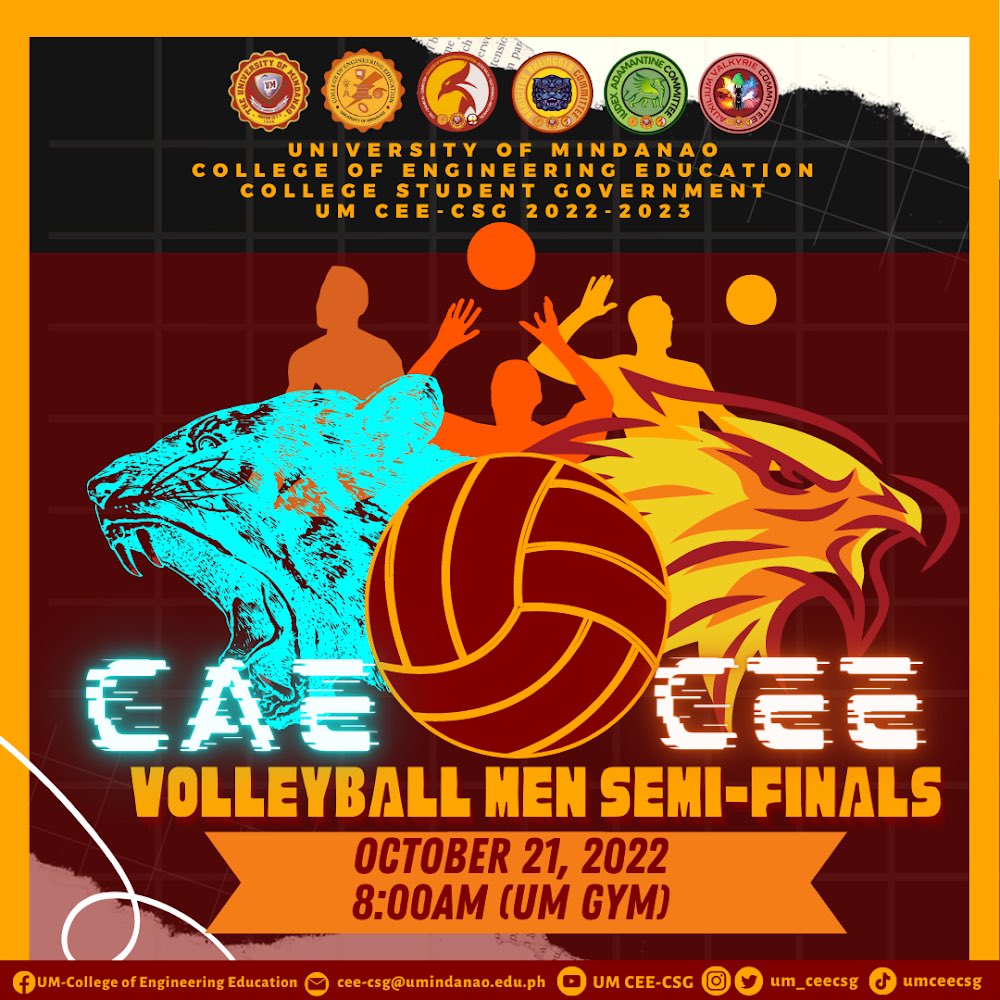 um_ceecsg's tweet photo. Calling all Phoenixes out there! We need your support and shouts for today's 2 sets of Semi-Finals.

📍SOCCER (Men) - Semi-Finals
October 21, 2022
7:30AM
UM Oval Field

📍VOLLEYBALL (Men) - Semi-Finals
October 21, 2022
UM Gymnasium

#UMIntramurals2022
#semifinals https://t.co/JGonKD1yCi