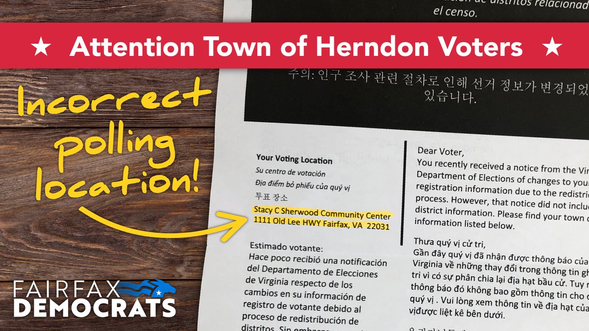 FairfaxDems's tweet photo. โ ๏ธAttention Herndon Votersโ ๏ธ
Unfortunately, @GlennYoungkin's Department of Elections sent out false voting information to over 13,000 voters in the Town of Herndon. If you received this letter, rest assured that you do not need to drive to the City of Fairfax in order to vote. https://t.co/bVsF74xZ3N