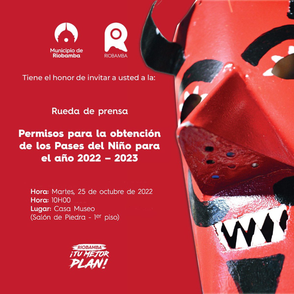 riobamba's tweet photo. 🤩 Te invitamos a participar de la Rueda de Prensa para la obtención del permiso único para los Pases del Niño 2022 - 2023

Vive la fiesta, siente la tradición, en cultura #RiobambaTuMejorPlan

@MuniRiobamba https://t.co/I4cMmwyZ7A
