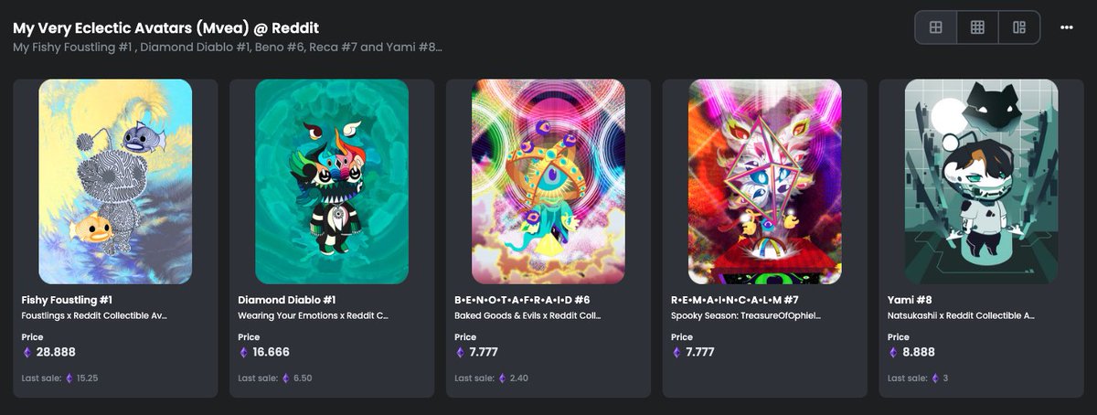 u_mvea's tweet photo. My current #RedditAvatars #RedditNFT collection - mainly Gen1s with one Gen2 - Fishy #Foustling #1, Diamond Diablo #1, Beno #6, Reca #7 and Yami #8 - my favorites! @Reddit https://t.co/9ZBzDj3ps7