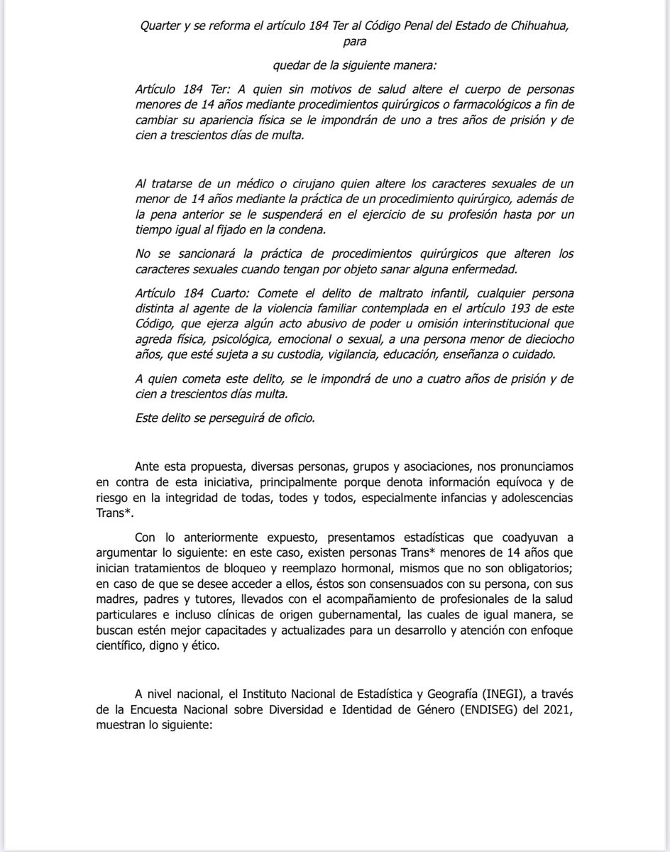 familias_red's tweet photo. El pasado 18 de oct la dip. Marisela Terrazas del partido del PAN realizo la siguiente propuesta en el @CongresoEdoChih https://t.co/qHgQSkXSyD
La Red de Familias Trans, asociaciones, grupos y diversas personas nos pronunciamps en contra de esta iniciativa subo doc.. 🧵 https://t.co/LDspttcsZs