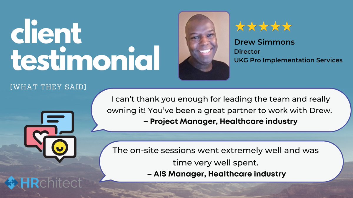 HRchitectNews's tweet photo. ⭐#Testimonial Thursday⭐
Shout-out to the AMAZING Drew Simmons, Director, UKG Pro Implementation Services!  Our clients ❤️ him &amp; we do too!
#HRtech #HR #clienttestimonial #implementation #HCM #healthcare #assessments #UKGPro #iCIMS #Ravenintel #integration #talent #payroll https://t.co/gCQvdSxQco