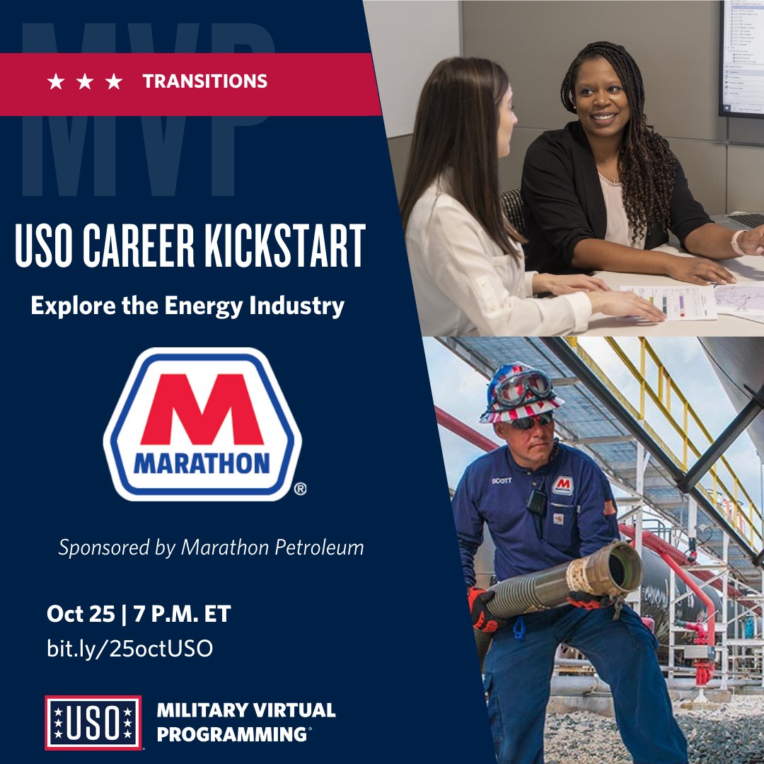 Looking for your career path post #military service? 💻 Join @The_USO on October 25 at 7pm EST for a free webinar to learn about the many #employment opportunities within the energy industry from @MarathonPetroCo  👉 Register: fal.cn/3sUx3