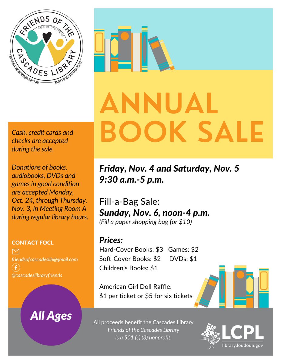 LoudounLibrary's tweet photo. Need to get your home library under control? Drop off donations of gently used books, DVDs and CDs during regular hours at #GumSpringLibrary through the end of the month and at #CascadesLibrary Oct. 24-Nov. 3. (And save the date for the sales — both happening Nov. 4-6!) https://t.co/70jKFuZpFy