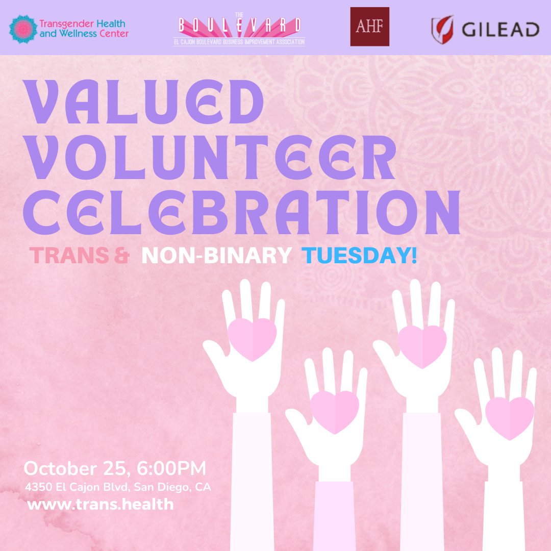TransHAWC's tweet image. Trans and Non-Binary Tuesday!!
From 6-8pm
4350 El Cajon Blv., San Diego, CA 92105

#transtuesday #transandnonbinary #trans #transsandiego #sandiegotransgirl #sandiegononbinary  #transcommunity #transpride #nonbinarypride