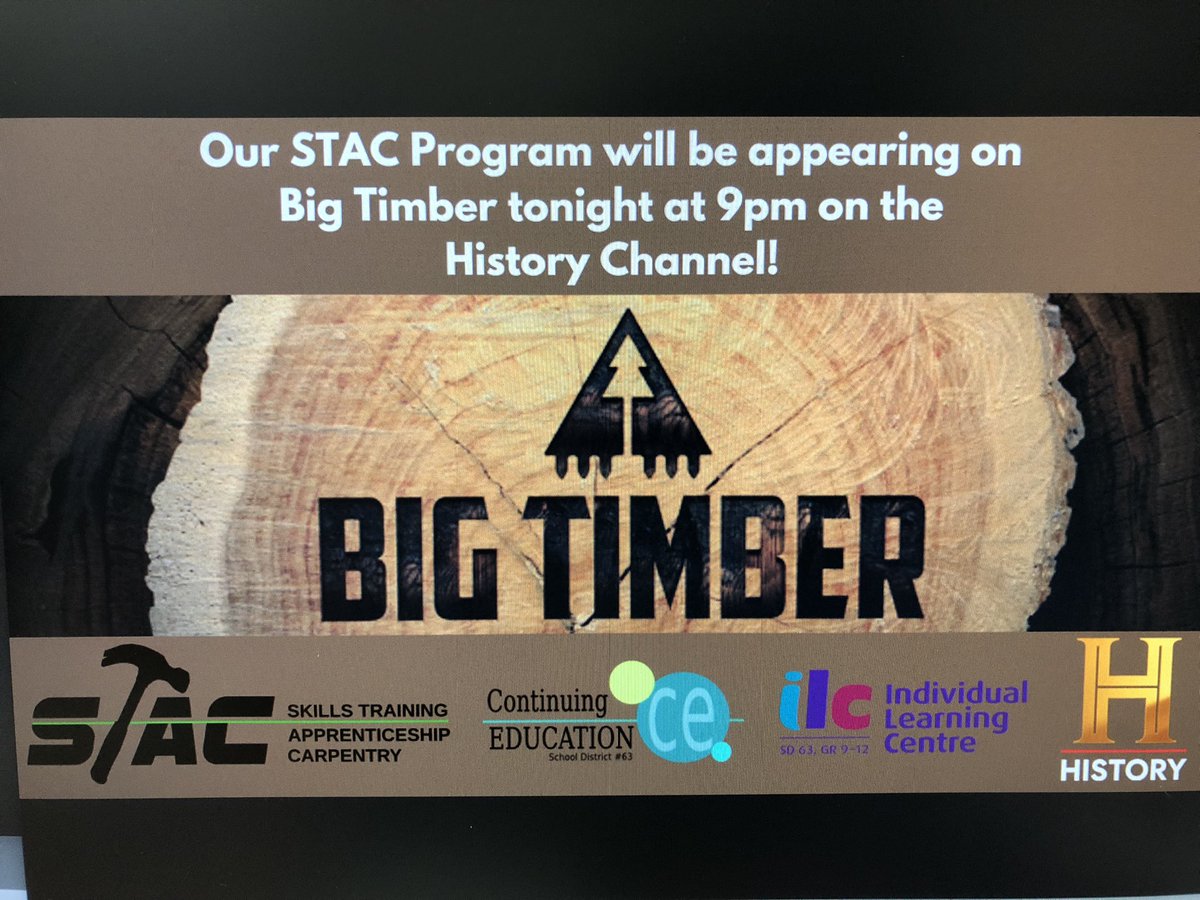 sd63careers's tweet photo. Watch our STAC-Carpentry program on Big Timber tonight at 9:00 on the History Channel!
@SD63ILC https://t.co/IGpkcUykic
